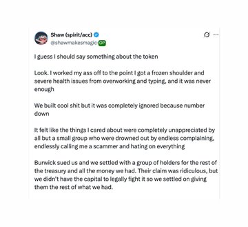 A tweet from Shaw (@shawmakesmagic) discussing the death of a token project, explaining how it was built but ignored by the community and drained by scammers, with the remaining treasury spent on a lawsuit settlement that ultimately wasn't worth fighting. The tweet aligns with the news that Eliza Labs founder Shaw Walters has declared the ai16z/ElizaOS token "dead" as the foundation dissolves following a class-action lawsuit settlement with Burwick Law.
