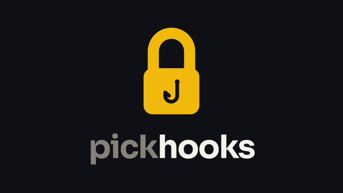 The logo for 'pickhooks' displayed on a dark background, featuring a yellow padlock icon with a fishing hook design integrated into it.