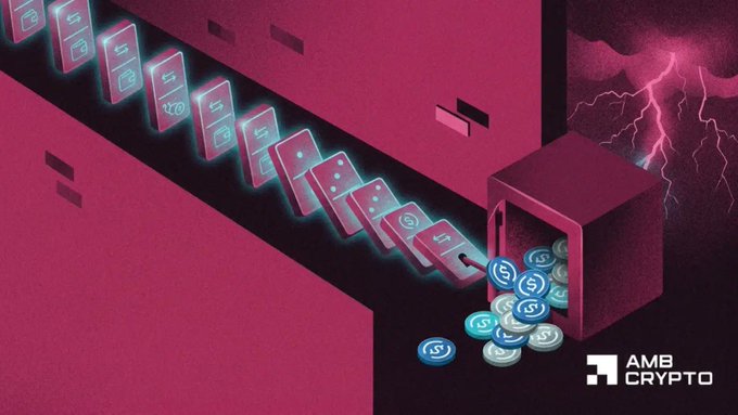 A digital illustration depicts a cascade of domino-like blocks, each bearing padlock symbols, tumbling down into a chest spilling USDC coins, visually representing the Hinkal Protocol's $820,000 USDC exploit through a smart contract vulnerability, with the "AMB Crypto" logo in the bottom right corner.