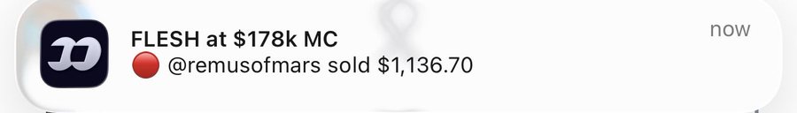A stock notification reads 'FLESH at $178k MC' and indicates that the user '@remusofmars' sold $1,136.70.
