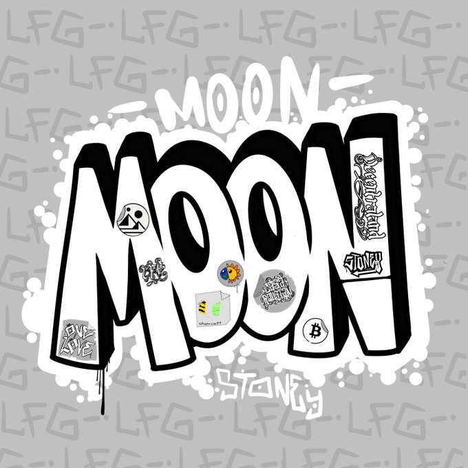 Graffiti-style digital artwork with the word "MOON" written twice in large white bubble letters on a gray background patterned with "LFG--.", with smaller stickers including Bitcoin logos and text like "Stone" inside the letters.