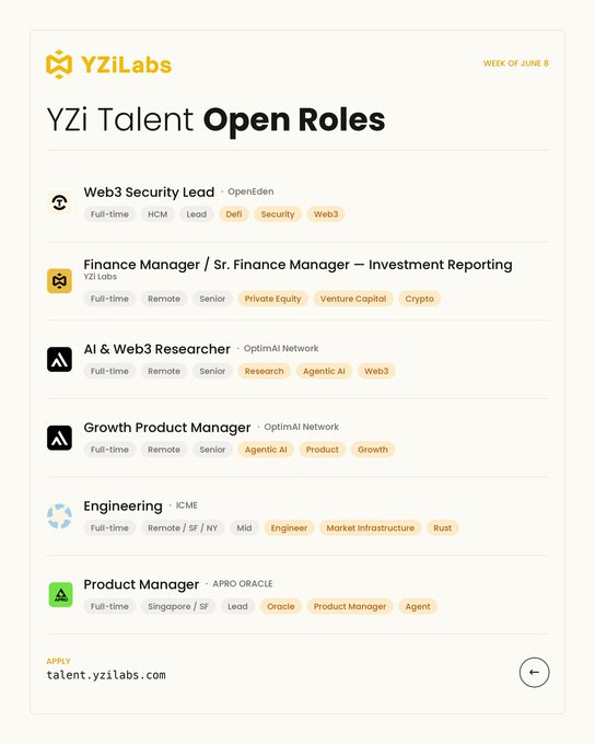 The image shows a list of job titles posted for YZi Talent Open Roles. The positions include roles such as Web3 Security Lead, AI & Web3 Researcher, Growth Product Manager, Finance Manager, Investment Reporting, Engineering Role, and Product Manager. The text in the image provides information about each position, including the required skills or experience needed to apply for the job.