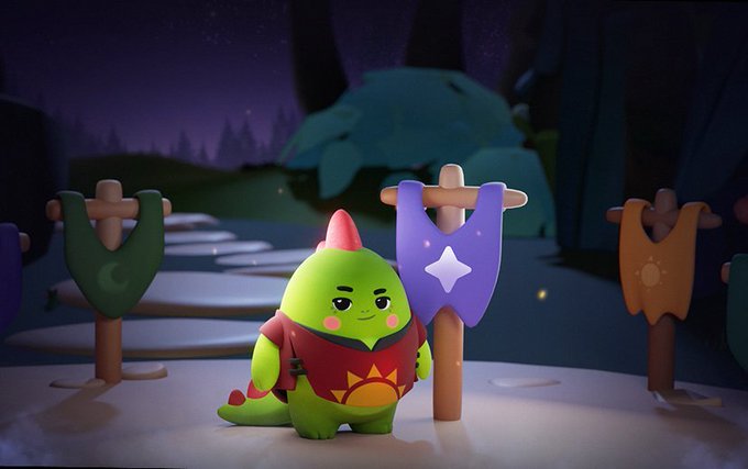 A 3D animated scene featuring a cute green dinosaur character wearing a red tunic, standing in a nighttime landscape among several small banners.