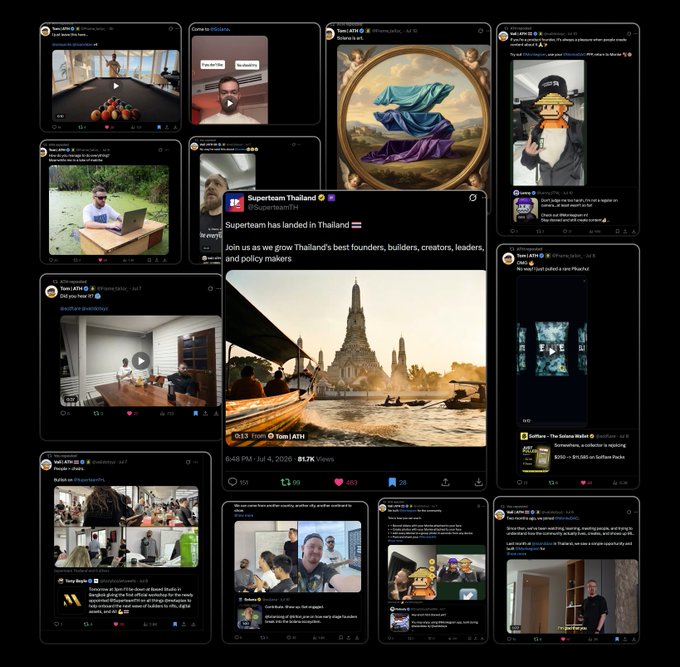 A collage of social media posts highlights 'Superteam Thailand' (@SuperteamTH), featuring various content creators, videos, and a central post announcing 'Superteam has landed in Thailand' with 81.7K views.
