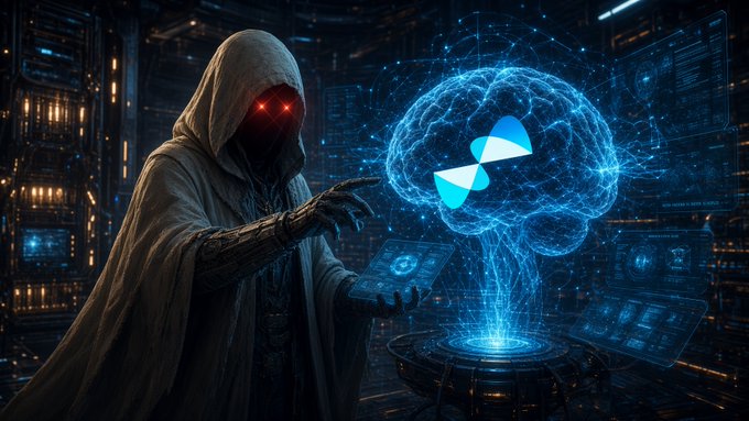 A hooded figure with glowing red eyes interacts with a holographic blue brain displaying the "g" logo inside a high-tech server room, symbolizing decentralized AI computing power at work—mirroring the post's firsthand account of testing the gQuip testnet by submitting a portfolio-style job through the marketplace and getting fast, reliable results.