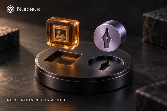 A promotional image for 'Nucleus' with the tagline 'REPUTATION NEEDS A ROLE', showing an orange square block and a purple cylinder hovering above matching indentations on a black circular base.