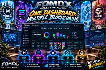 An advertisement for 'FOMOWALLET' and 'FOMOX' branded as 'ONE DASHBOARD, MULTIPLE BLOCKCHAINS,' supporting Hedera, Solana, BSC, XRP, and Aptos, with the slogan 'WE KEEP BUILDING!'.