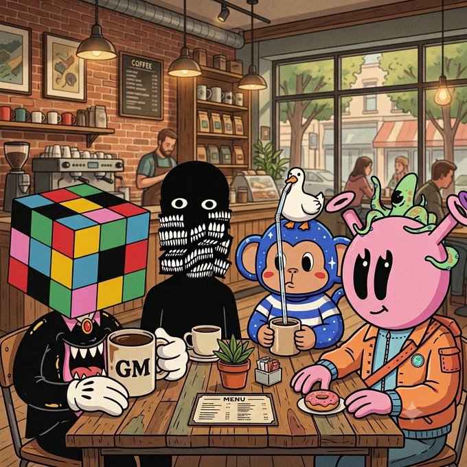 A colorful cartoon scene of various NFT characters (a Rubik's cube head vampire, a black skeletal figure, a bear in pajamas, and a pink alien) sitting at a coffee shop table with 'GM' mugs.