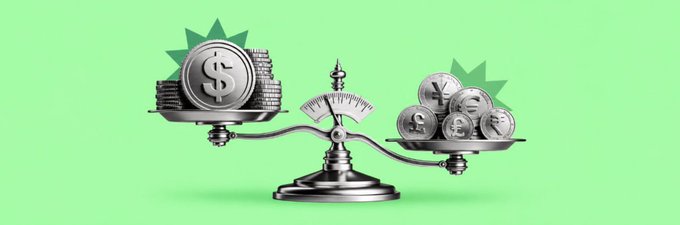 A silver balance scale weighing stacks of coins—dollar coins on one side and yen/euro coins on the other—symbolizes global currency trading, visually reinforcing the post's theme of $PERPEX's platform for trading 64+ currencies worldwide through perpetual futures.
