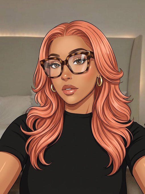 Digital illustration of a woman with long wavy pink hair, wearing brown cat-eye glasses, gold hoop earrings, and a black t-shirt.