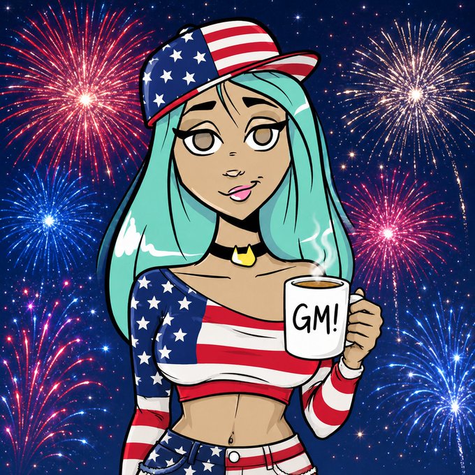 An anime-style illustration of a woman with teal hair wearing an American flag cap and matching outfit, holding a coffee mug that says 'GM!' against a fireworks background.