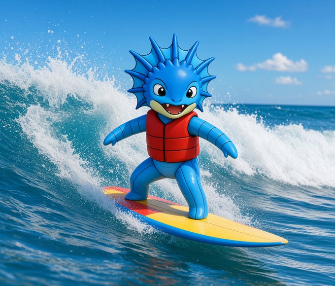 A 3D-rendered, cartoon-style blue axolotl character wearing a red life vest is surfing on a yellow and red surfboard atop a bright blue ocean wave.