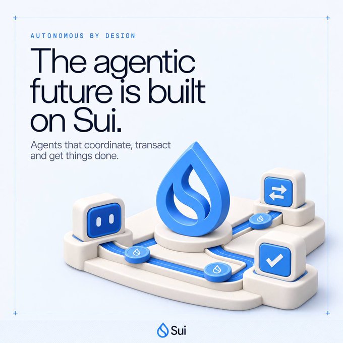 A promotional graphic for the blockchain platform Sui, displaying the text 'AUTONOMOUS BY DESIGN The agentic future is built on Sui. Agents that coordinate, transact and get things done.' alongside a 3D illustration.