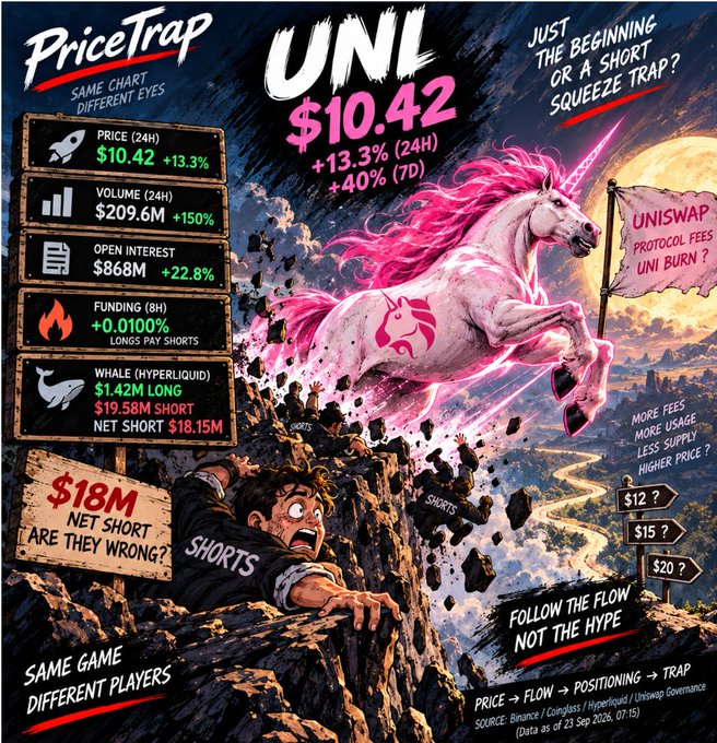 A cryptocurrency infographic titled 'PriceTrap' for token 'UNL' priced at $10.42 features a pink unicorn and a man falling off a cliff, showing a 24-hour gain of 13.3%.