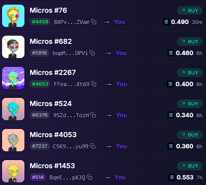 A NFT/crypto marketplace listing showing various 'Micros' avatars for sale, including Micros #76 (#4458) at 0.490 SOL and Micros #682 (#5916) at 0.460 SOL, each with a 'BUY' button.