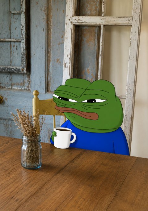 An illustration of a frowning Pepe the Frog meme character in a blue shirt holding a white coffee mug at a wooden table, with a vase of dried flowers and rustic windows in the background.