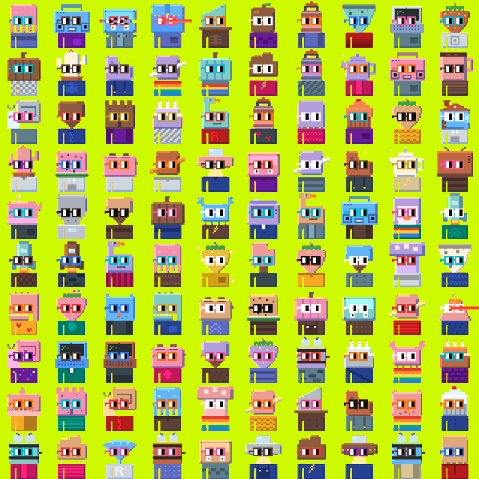 A large grid of pixel art character heads and upper bodies on a bright green background, showing numerous variations in colors, hats, and facial features.