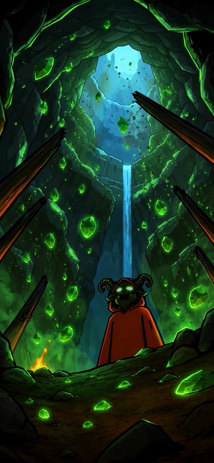 A fantasy illustration of a horned character in a red cloak standing in a glowing green crystal cave, with a waterfall cascading from an opening above.