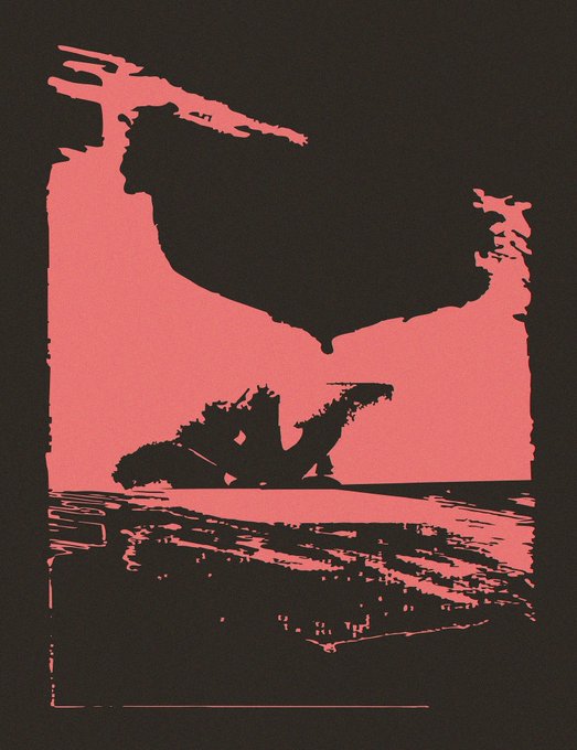A stylized, high-contrast pink and black illustration depicting a silhouette of a landscape, possibly a figure or abstract scene, with a textured, reflective surface at the bottom resembling water.