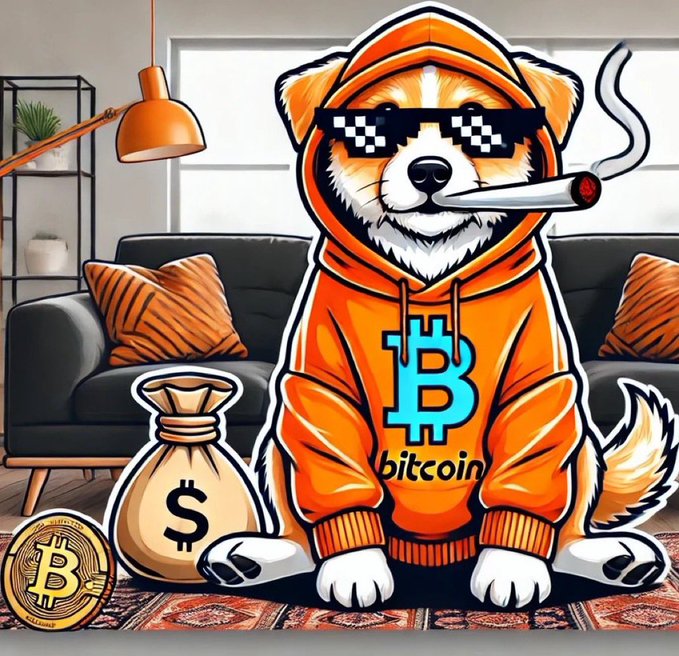 The image features a cartoon dog wearing an orange hoodie with "BITCOIN" written on it, sitting on a rug next to a bag of money and a cigarette. The caption reads "Still one of my favorite !!!".