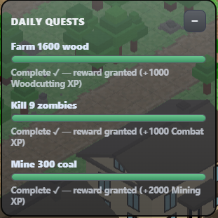 A 'DAILY QUESTS' panel from a video game displays three completed tasks with green progress bars: 'Farm 1600 wood' (+1000 Woodcutting XP), 'Kill 9 zombies' (+1000 Combat XP), and 'Mine 300 coal' (+2000 Mining XP).
