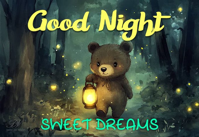 A cute teddy bear holding a glowing lantern in a moonlit forest scene, with "Good Night" written in yellow at the top and "Sweet Dreams" in teal at the bottom.

The image ties into the post's winding-down, end-of-day tone—using the sleepy bear and lantern to evoke a calm, restful vibe as the message recaps ongoing building projects like CNPYNetwork and quipnetwork before signing off for the night.