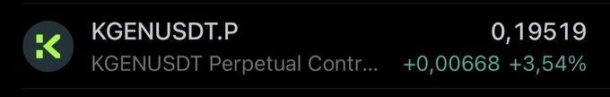 A trading display showing KGENUSDT.P (KGENUSDT Perpetual Contract) at 0.19519, up +0.00668 (+3.54%).