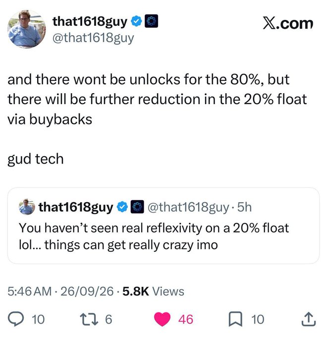A tweet from @that1618guy reads 'and there wont be unlocks for the 80%, but there will be further reduction in the 20% float via buybacks' followed by 'gud tech'.