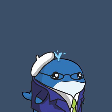 A cartoon blue whale wearing a white beret, glasses, a face mask, and a business suit appears in the image, representing a digital collectible or "Whacky Whale" NFT. The whale character visually corresponds to the post, which thanks the user @whacky_whales for gifting two of these whale collectibles.