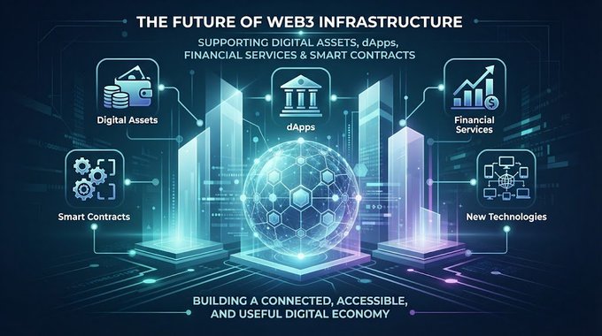 A futuristic infographic titled "THE FUTURE OF WEB3 INFRASTRUCTURE" with the subtitle "SUPPORTING DIGITAL ASSETS, dApps, FINANCIAL SERVICES & SMART CONTRACTS," featuring a glowing blue hexagonal globe surrounded by icons for Digital Assets, dApps, Financial Services, Smart Contracts, and New Technologies, with the bottom text "BUILDING A CONNECTED, ACCESSIBLE, AND USEFUL DIGITAL ECONOMY."