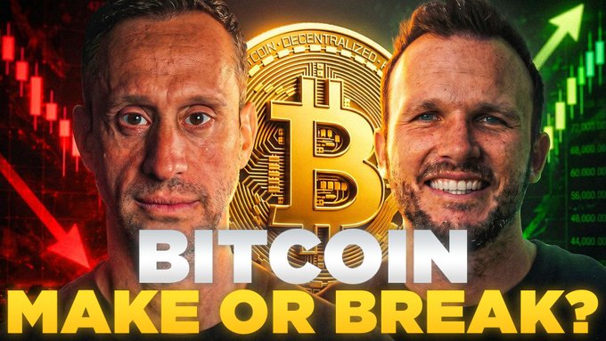The image features two men with facial expressions, one smiling and the other looking concerned or worried. The text overlaying the image reads "Bitcoin Faces Warsh'S First FOMC Today - Should We Be Concerned? Let'S Discuss LIVE @ 9am est w/ @ KyleReidhead youtube.com/live/NnK_xqQVg". This suggests that there is a discussion or concern about Bitcoin's performance in the financial markets, and people are sharing their opinions on the matter.