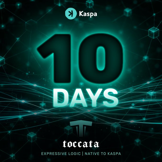 The image features an advertisement for a cryptocurrency called "Tocata" that has been recently launched by a company named "Kaspa". The advertisement displays the number 10, indicating the launch day or milestone reached by Tocata. It also mentions that the platform is expressive and native to Kaspa, which implies that it is designed specifically for them. The image includes text that reads "10 Days to !" and "Expressive Logic - Native to Kaspa".