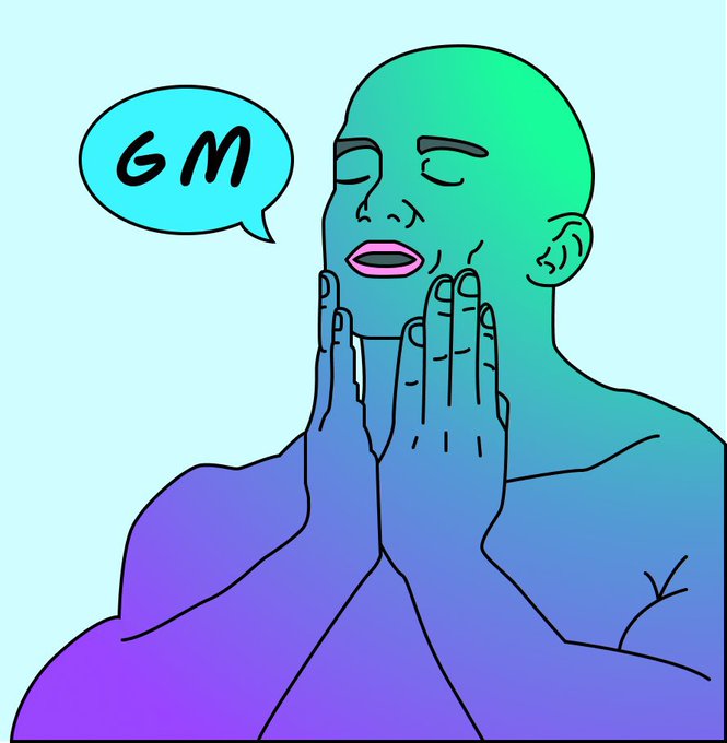 A bald, gradient-colored illustration shows a person with closed eyes and hands framing their face in a relaxed pose, with a speech bubble reading "GM" beside them—perfectly matching the post's upbeat "Gm grinders" greeting for crypto/Web3 Twitter culture.
