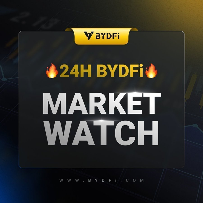 The image is a promotional graphic for "BYDFi's 24H Market Watch" featuring the BYDFi logo at the top, with flame emojis flanking the "24H BYDFi" text and bold white "MARKET WATCH" lettering on a dark panel, set against a background of financial charts. The website "WWW.BYDFi.COM" is displayed at the bottom, serving as a header banner for a crypto industry update covering major financial news from Samsung, Amazon AWS, and South Korea's IPO market.