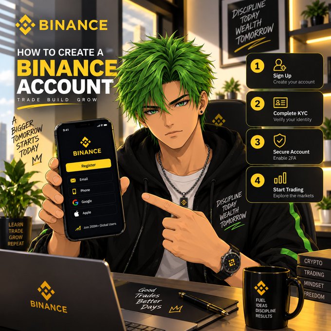 An anime-style promotional graphic for Binance titled 'HOW TO CREATE A BINANCE ACCOUNT' with the tagline 'TRADE BUILD GROW,' showing a green-haired character holding a phone displaying a registration screen, alongside a 4-step list: 1. Sign Up, 2. Complete KYC, 3. Secure Account (2FA), 4. Start Trading.