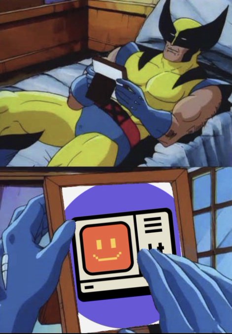 A two-panel X-Men comic showing Wolverine reading a book in bed on top, and a close-up of his hands reading a device with a pixelated smiley face on it below.
