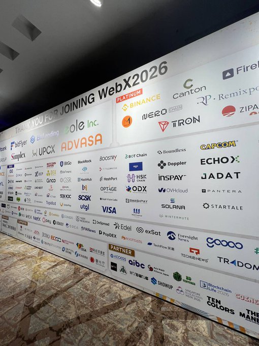 A large sponsor wall at WebX2026 displays 'THANK YOU FOR JOINING WebX2026' with platinum sponsors including Binance, Canton, WEZO, and Tron, along with numerous other company logos.