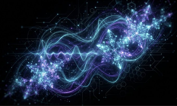 An abstract digital art image featuring glowing blue and purple crystalline formations with flowing wave patterns and circuit board-like lines against a black background.