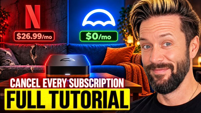 A bearded man appears alongside a thumb featuring Netflix ($26.99/mo) and an umbrella-logo device ($0/mo), with bold text reading "CANCEL EVERY SUBSCRIPTION FULL TUTORIAL." The image promotes a video tutorial on building a self-hosted Umbrel home server to replace paid streaming services with free, user-controlled alternatives.