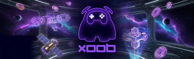 The image features a banner that says "XOOB" written in purple letters, surrounded by various objects such as planets, stars, and spaceships. The background of the image is dark blue with purple lines, creating an immersive space-themed atmosphere. The text on the banner reads "from minting quests to earning yield to protecting assets @XOOBNetwork @quipnetwork @useTria cover the whole path".