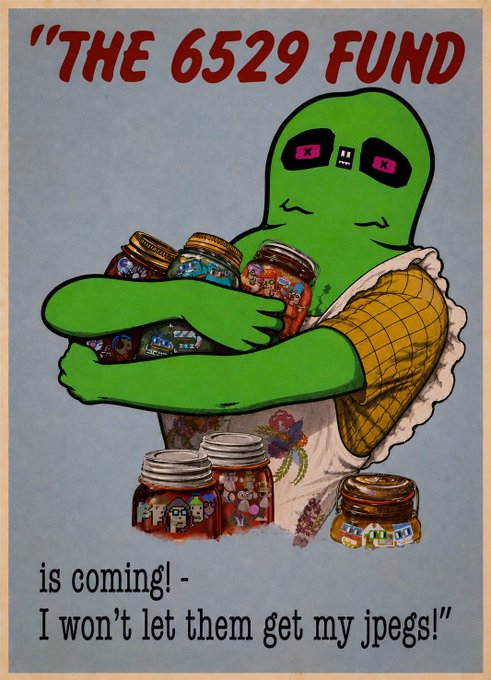 A cartoon image features a green alien-like character clutching jars of NFT artwork, with the text 'THE 6529 FUND is coming! - I won't let them get my jpegs!'