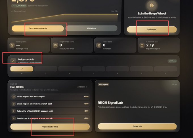 Dashboard interface with red boxes highlighting options: 'Earn more rewards', 'Spin now', 'Daily check-in', and 'Open tasks hub', showing an account age of 2.1 years.