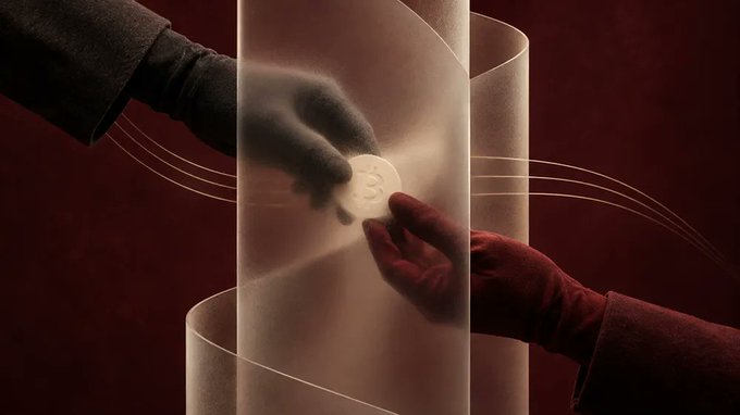 Two gloved hands—one dark, one red—pass a glowing disc marked with the Bitcoin "₿" symbol between translucent cylindrical barriers, illustrating the covert, layered exchange of stolen cryptocurrency through intermediary networks.