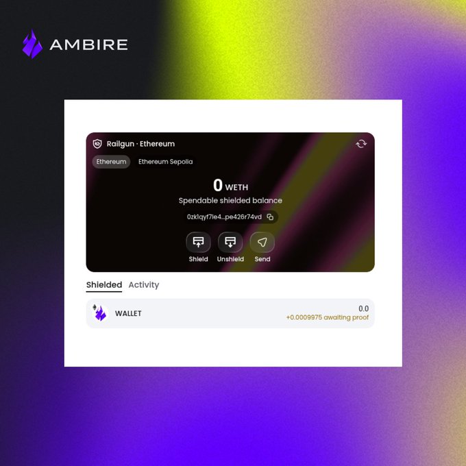 A screenshot of the AMBIRE wallet interface showing a Railgun Ethereum account with a balance of 0 WETH and a spendable shielded balance of 0zkfqy7le4...pe426r74vd.