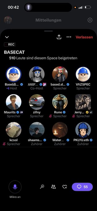 A screenshot from the BASECAT Twitter Space showing 510 participants, including hosts Base(d)..., $III%, and VXZSEC, with 55 people live in the space. The image visually supports the post's claim that the $BASECAT Twitter Space has gone viral, as evidenced by the high attendance numbers and active engagement shown.