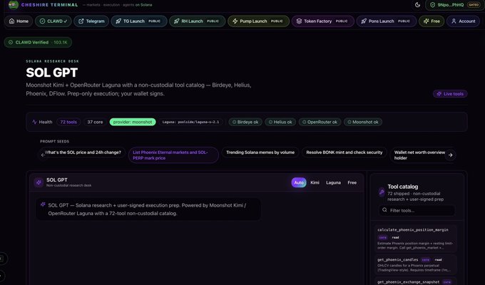 The Cheshire Terminal website displaying details for 'SOL GPT', a Solana research agent powered by Moonshot Kimi and OpenRouter Laguna.