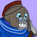 Pixel art avatar of a crying character wearing a brown winter hat and a blue scarf, grimacing against a light purple background.