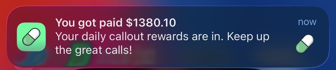 A phone notification from the PumpFun app shows a payout alert reading "You got paid $1380.10" with the message "Your daily callout rewards are in. Keep up the great calls!", illustrating the poster's claim of earning a substantial daily reward from calling meme coins on the platform.