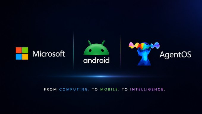 A dark graphic displays the logos of "Microsoft," "android," and "AgentOS" arranged left to right, with the tagline "FROM COMPUTING. TO MOBILE. TO INTELLIGENCE." centered below. The image visually reinforces the post's thesis, positioning $sAGENT's AgentOS as the foundational "intelligence" layer following the legacy of computing and mobile operating systems.