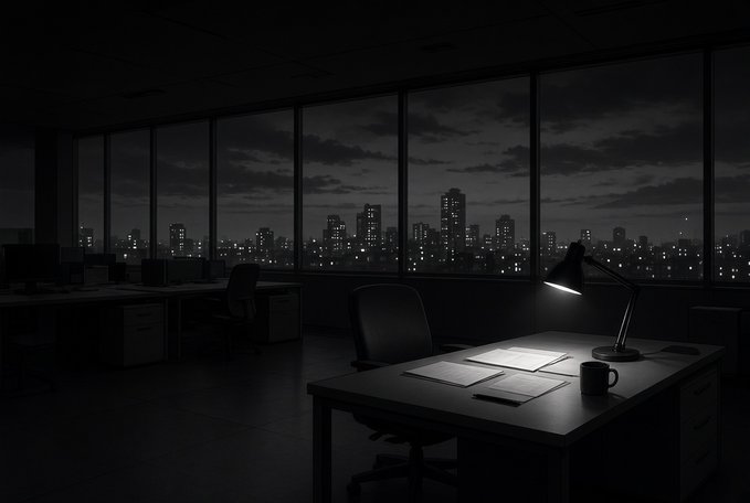 A dimly lit, empty office interior looks out through large windows at a sprawling nighttime city skyline, with a single desk lamp illuminating a desk in the foreground.